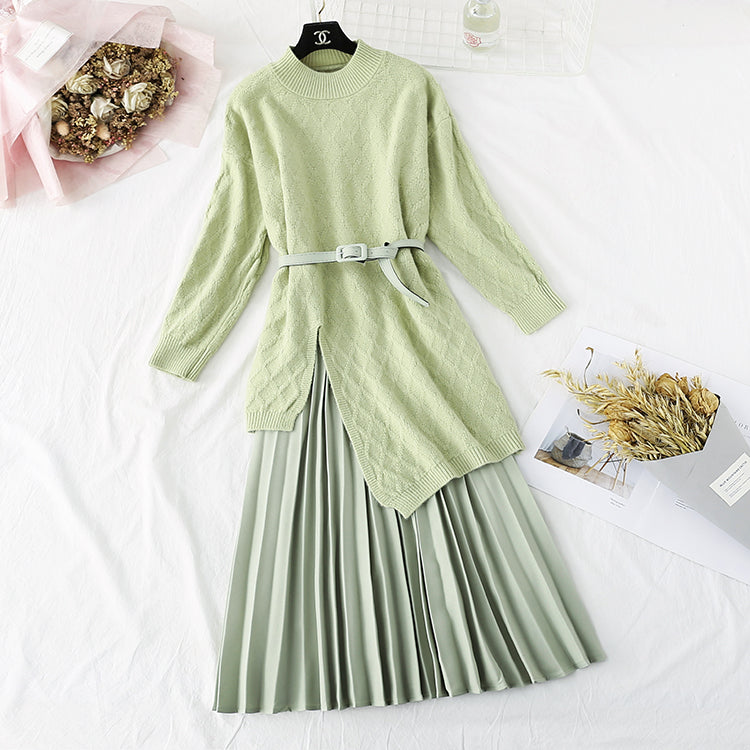 Knee knitted sweater pleated skirt two piece set  3962