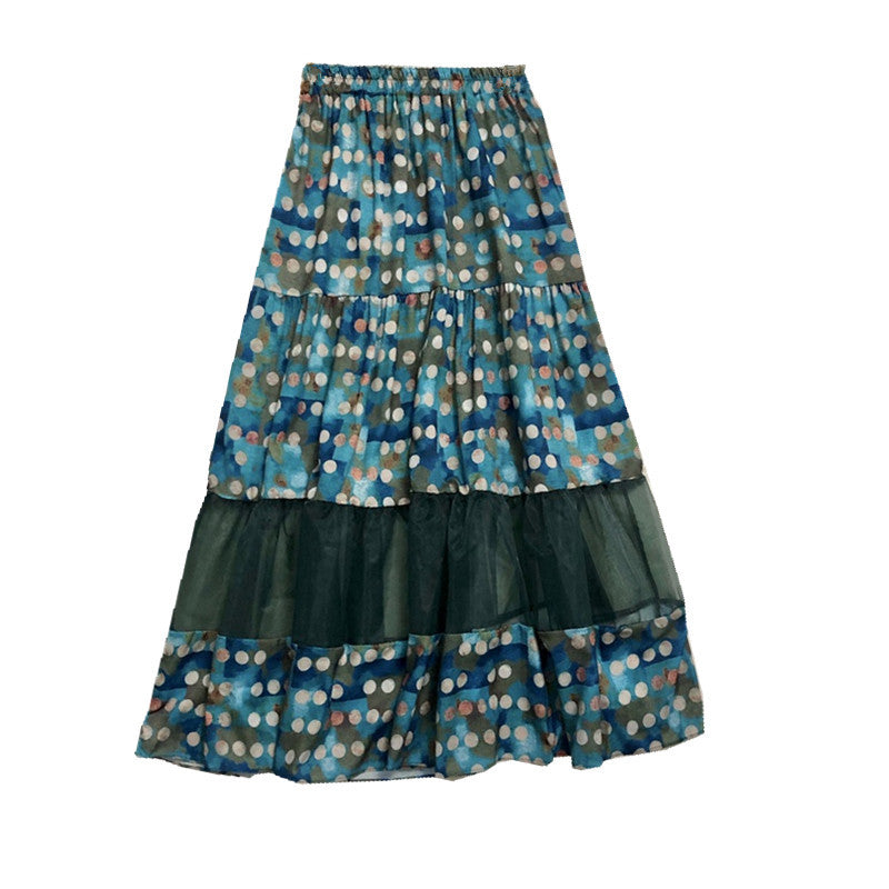 polka dot print splicing mesh drape feeling gauze skirt  3688