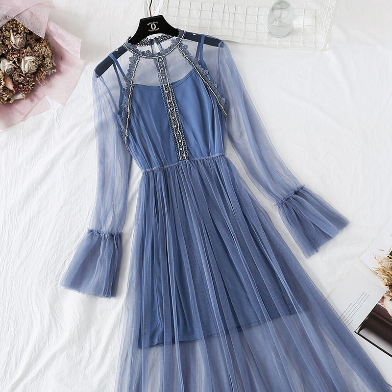 Heavy industry Rhinestone lace gauze dress  4356