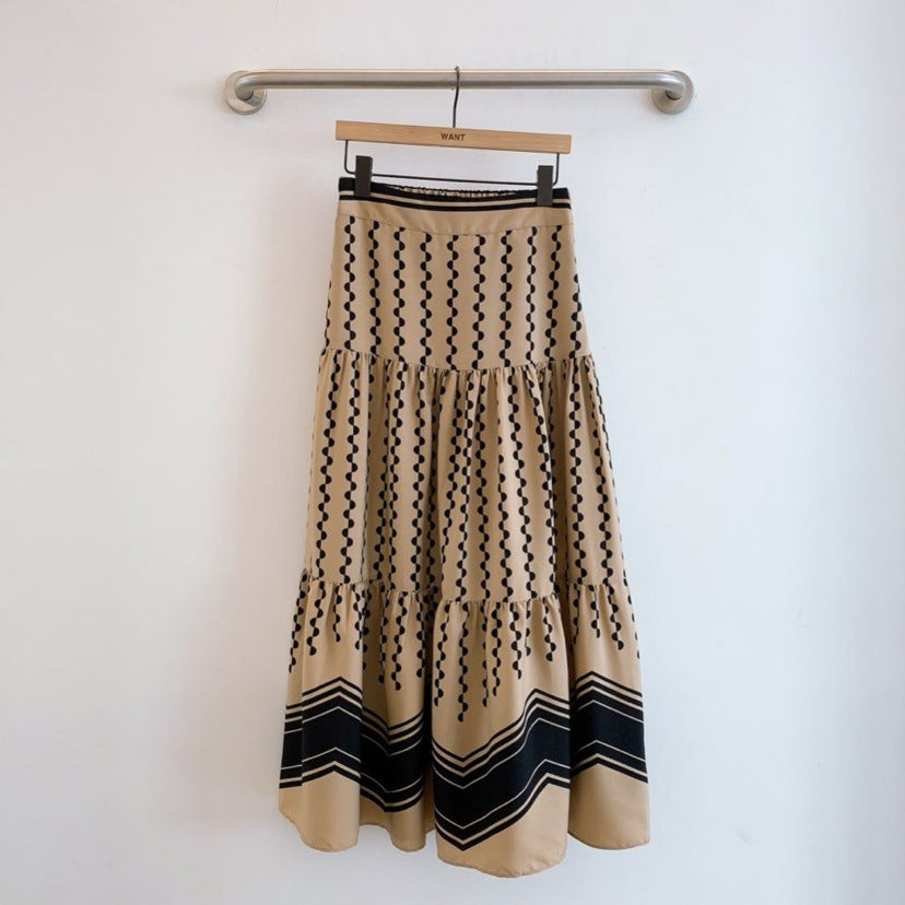 New skirt, stitching retro polka-dot print skirt, wavy pattern high waist long cake skirt  3678