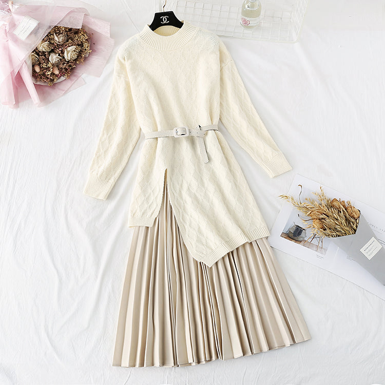 Zweiteiliges Set mit knielangem Strickpullover und Faltenrock 4463