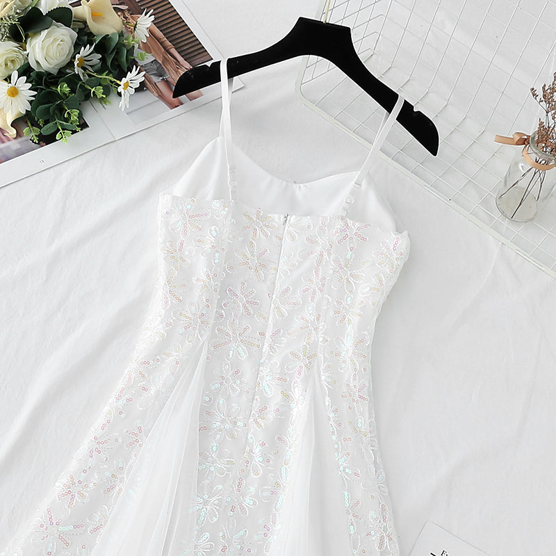 French white suspender dress mesh stitched sequins high waist thin  4428