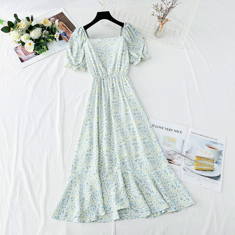 Line shoulder square neck bubble sleeve waist narrow skirt  3738