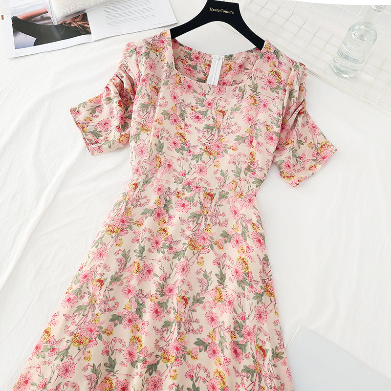 New French square neck long skirt with slim waist and Daisy Chiffon Skirt  4620