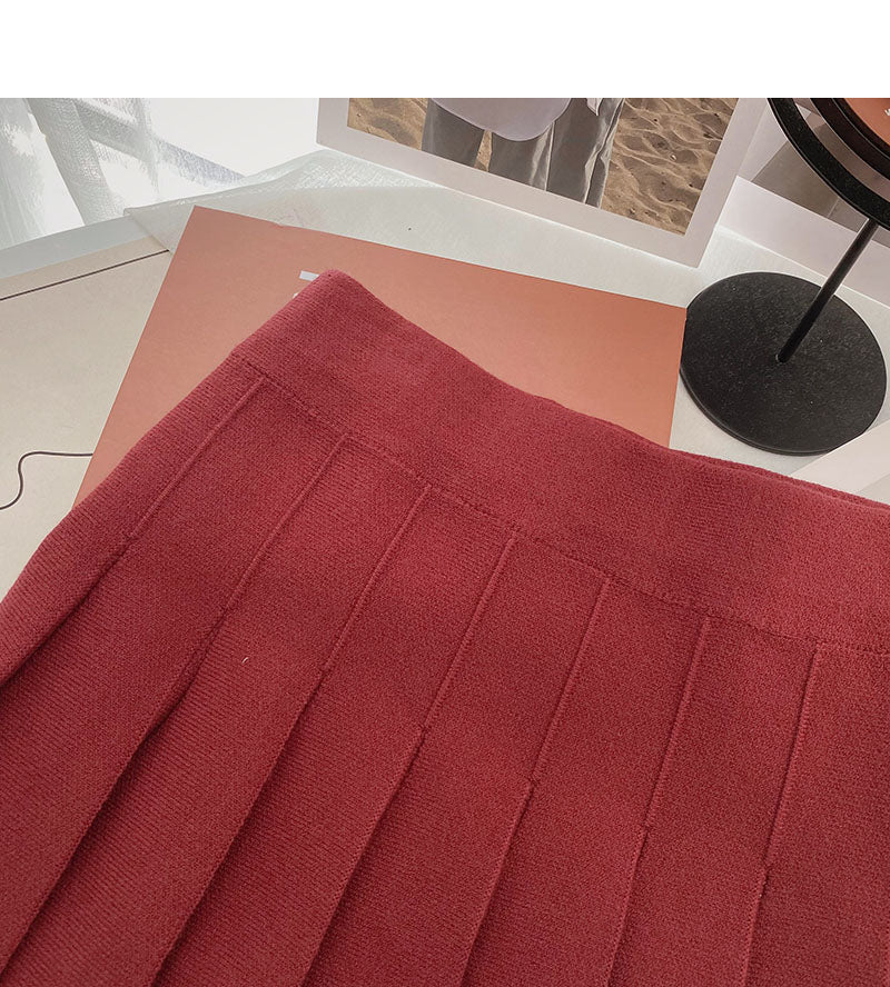 Korean version small man solid color versatile knitted A-shaped high waist skirt  5452