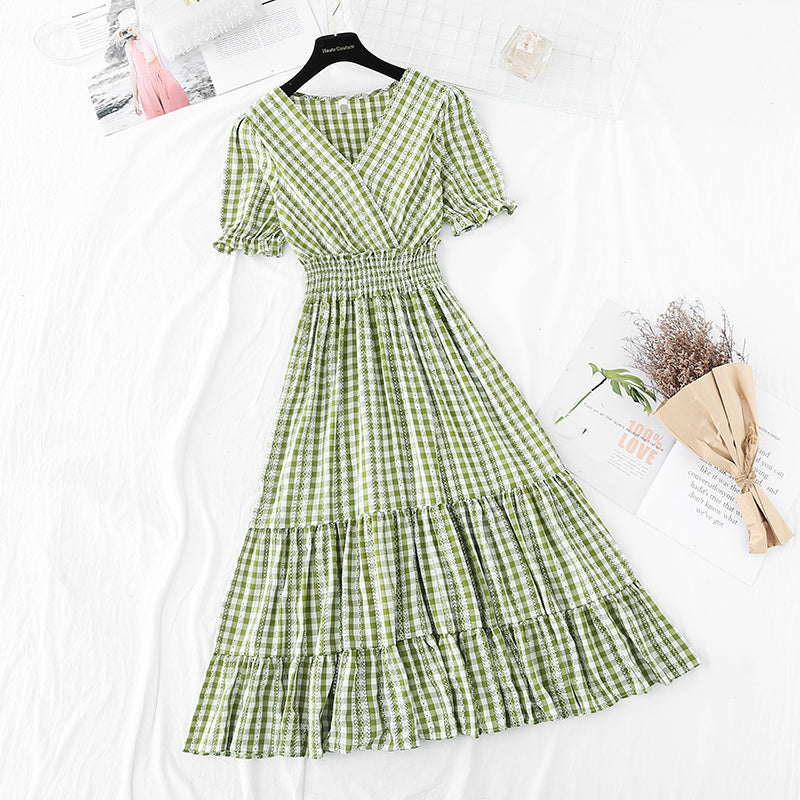 Kariertes Temperamentkleid mit Rüschenärmeln, dünnes Kleid im Göttinnenstil 4206