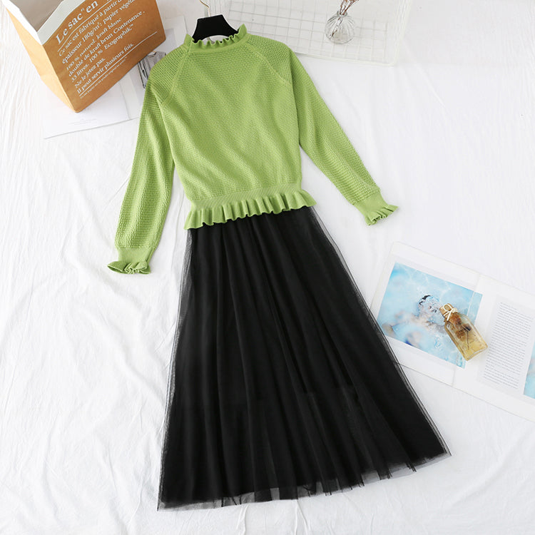 Ruffle knit dress suspender mesh skirt  4360