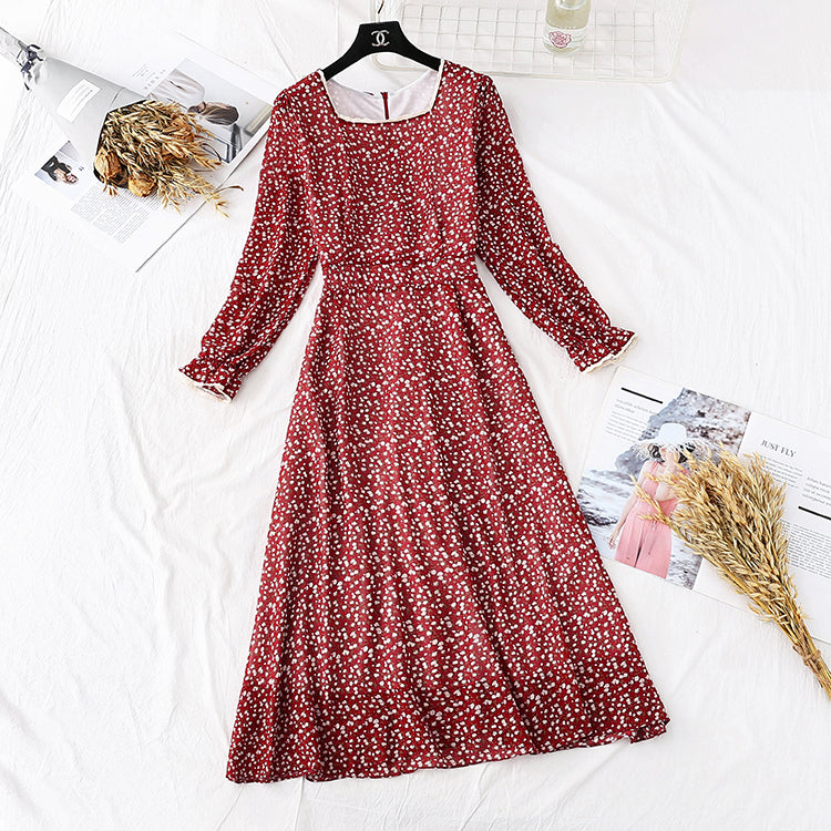 French retro super fairy square collar Lace Floral bottomed long skirt  3997