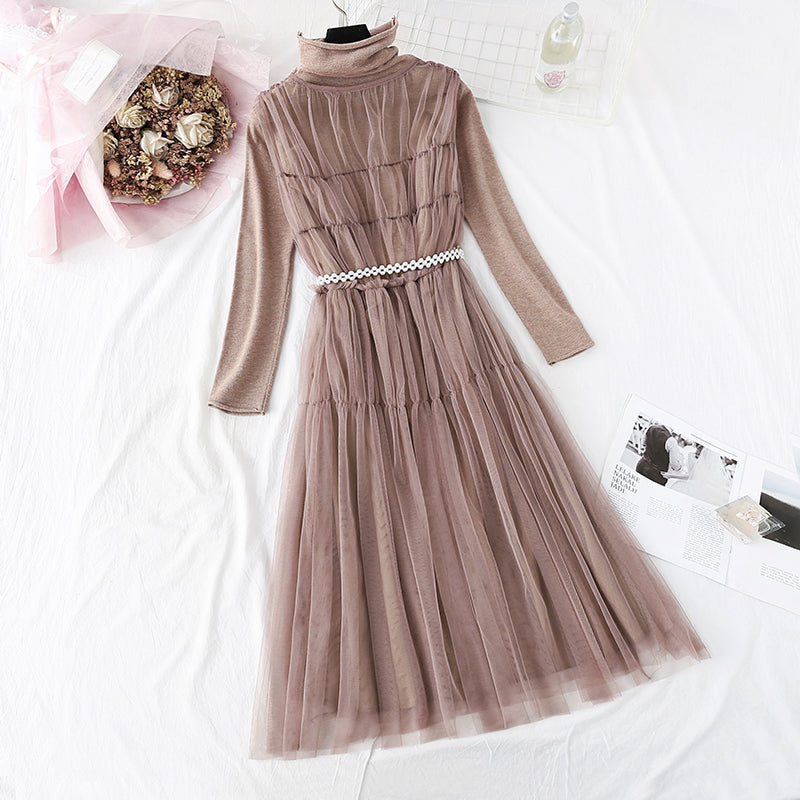 Mesh vest skirt + high neck bottomed shirt two-piece set  4376
