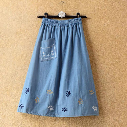 Frühling und Sommer, neu, Jeansrock, niedliche Katzenstickerei, mittellanger Rock mit hoher Taille und großem Schwung, Rock in A-Linie 3611