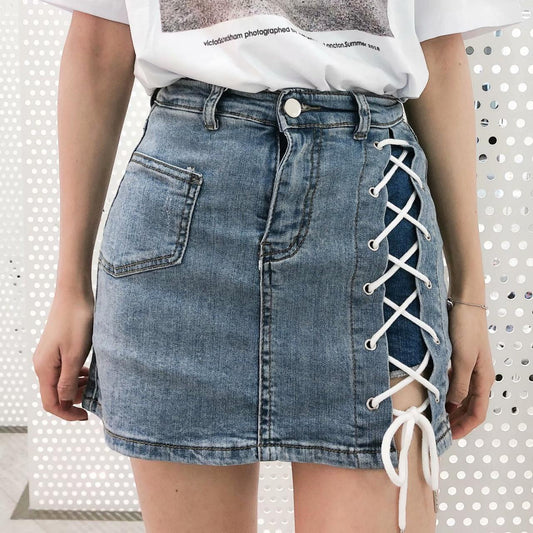 Temperament high waistside lacingstretch hip wrap denim skirt  3717