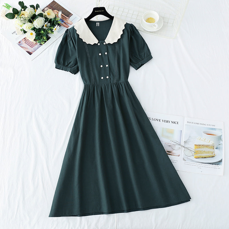 Cotton linen dress sweet bubble sleeve doll collar  4272