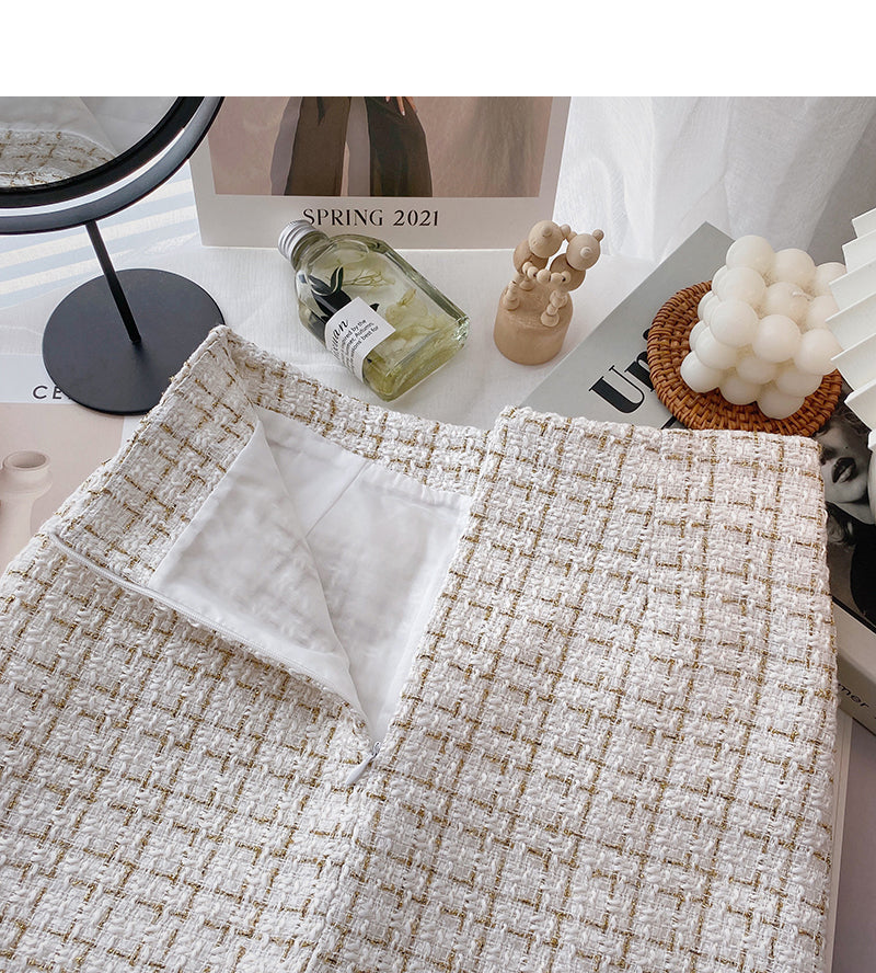 Korean version of thin gold coarse tweed small fragrant grid skirt  5627