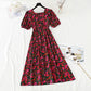 New French style square neck bubble sleeve waist closing slim skirt  4244