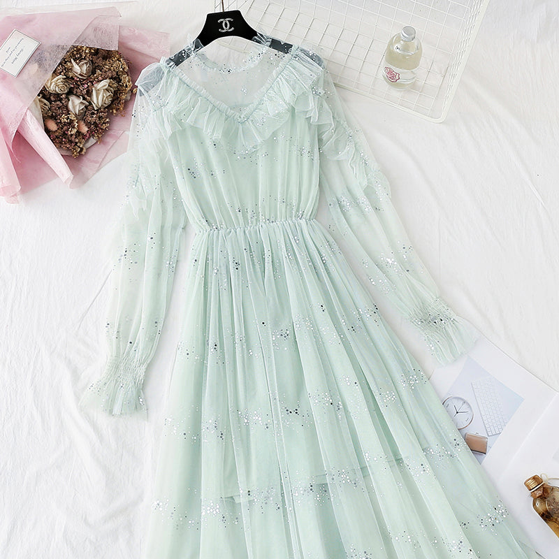 Ruffled suspender fairy Sequin mesh dress  3940
