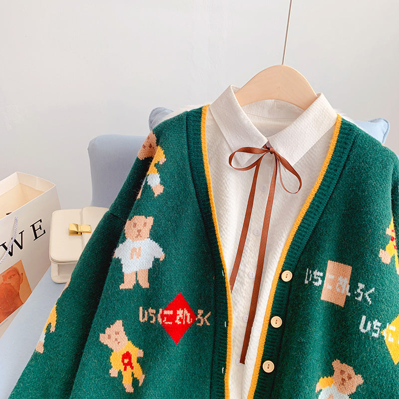 Little bear sweater cardigan V-neck knitted jacket  5064