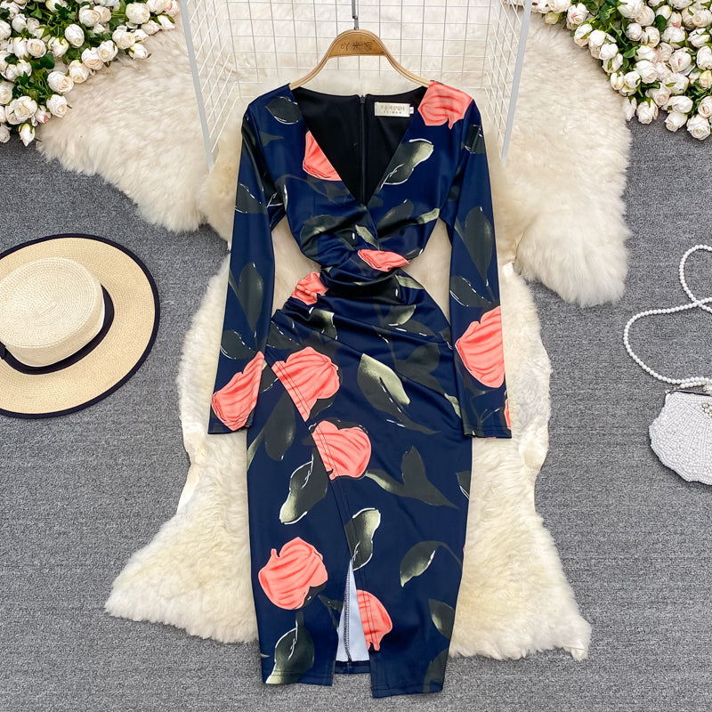 Sexy Taillenverschluss mit V-Ausschnitt und offener Hüfte Wickelkleid mit langen Ärmeln 3787
