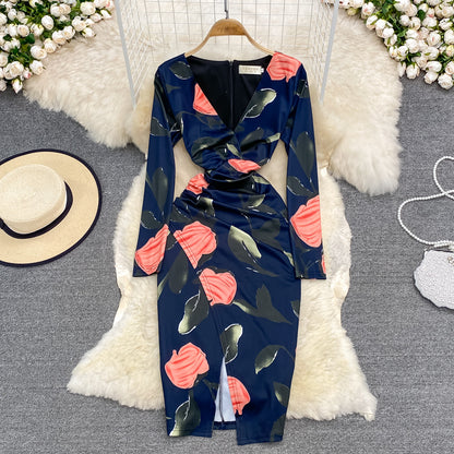 Sexy Taillenverschluss mit V-Ausschnitt und offener Hüfte Wickelkleid mit langen Ärmeln 3787