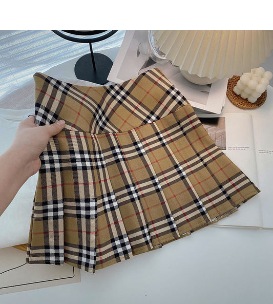 Khaki pleated skirt women's high waist A-line plaid skirt  5314