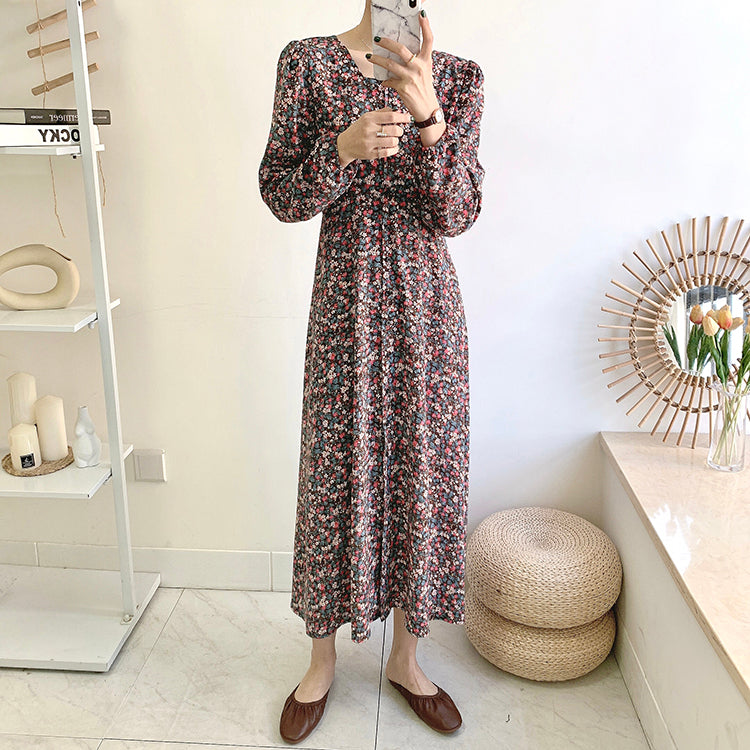 Knielanges Vintage-Blumenkleid mit eckigem Ausschnitt und Schnürung 3911