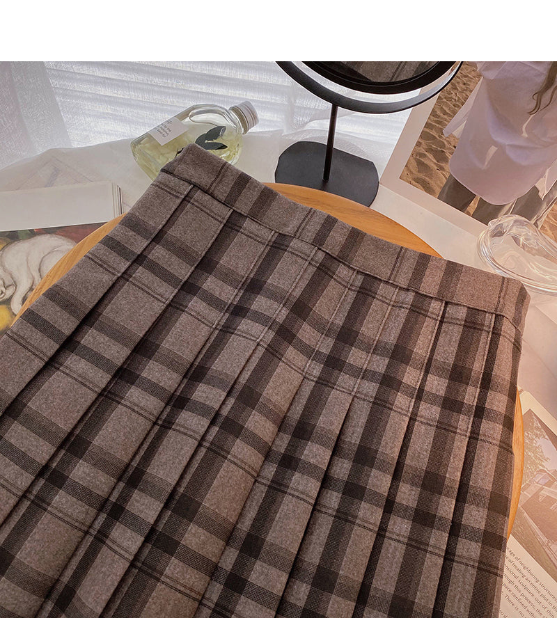 Pleated plaid skirt women's high waist skirt  5486