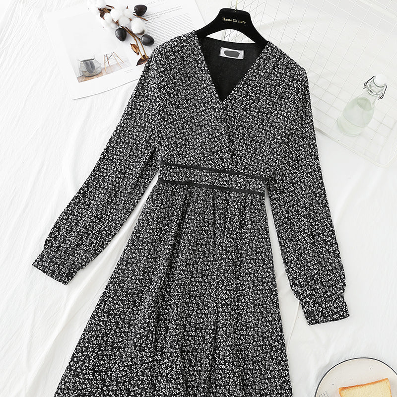 Koreanisches Chiffon-Blumenkleid mit V-Ausschnitt 4784