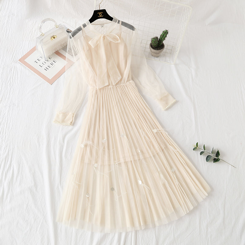 Gauze dress feather nail bead long sleeve sling  4311