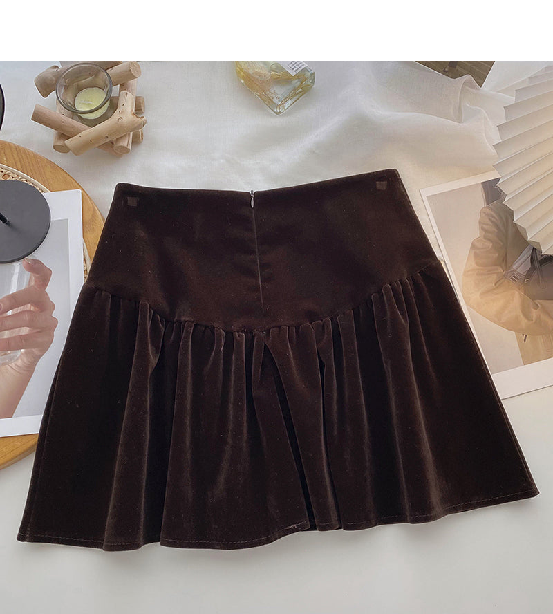 Golden velvet retro diamond studded bow high waist A-line umbrella skirt  5612