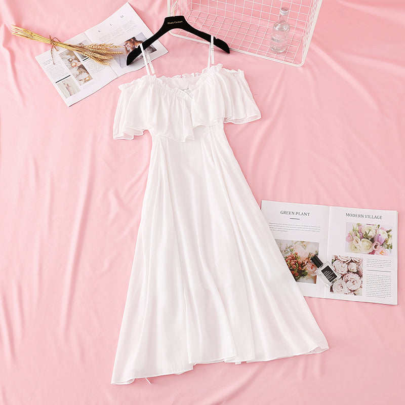 One shoulder sling Ruffle French retro gentle long skirt  4160