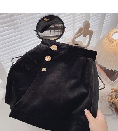 Golden velvet skirt irregular personality button high waist  5361