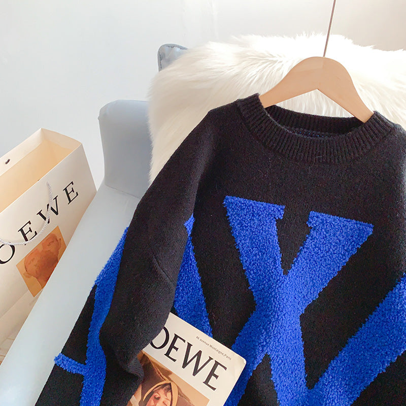 Lazy letter three-dimensional flocking jacquard sweater  5043