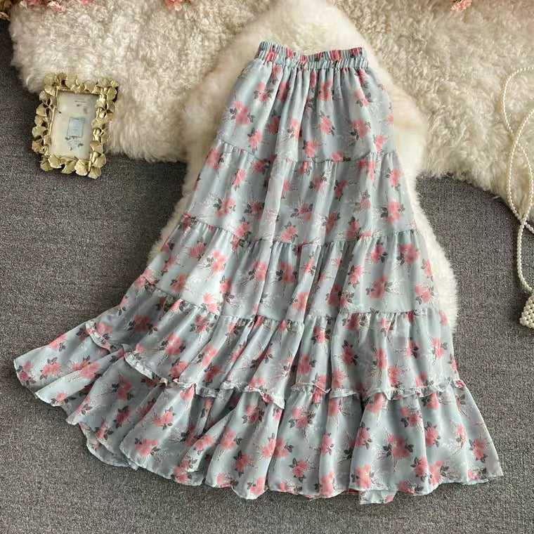 Geblümter Chiffonrock mit elastischer Taille, süßer langer All-Match-Rock, langer A-Linien-Rock mit hoher Taille und großem Schwung 3562