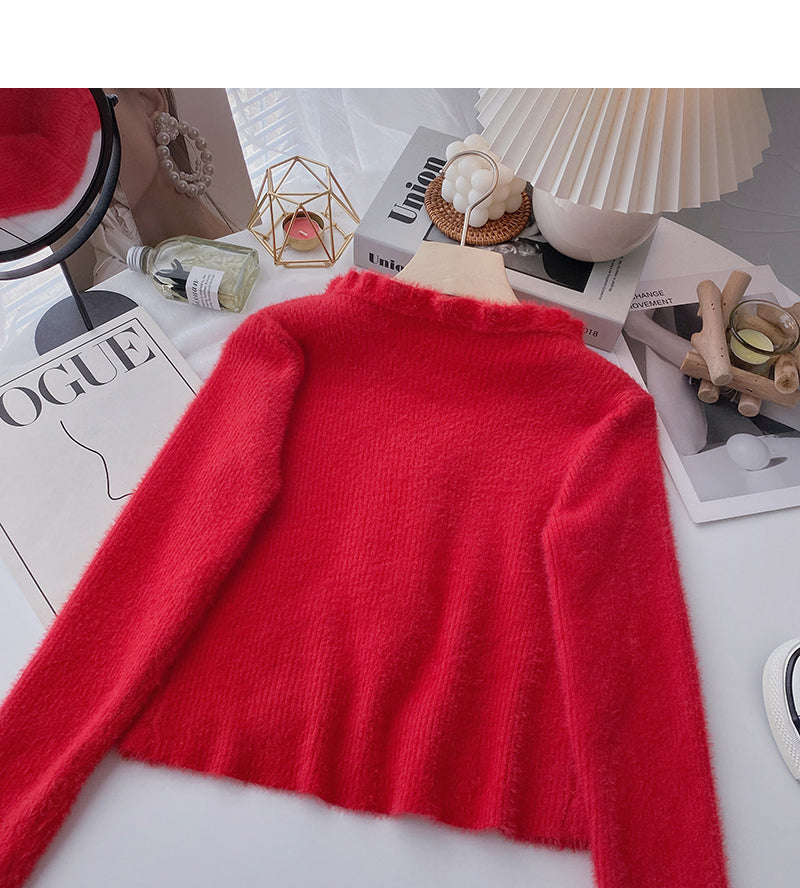 Gentle retro temperament V-neck short slim top cardigan  6153