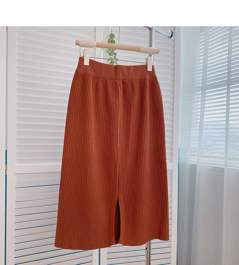 Korean casual solid color simple high waist split A-line skirt  5801