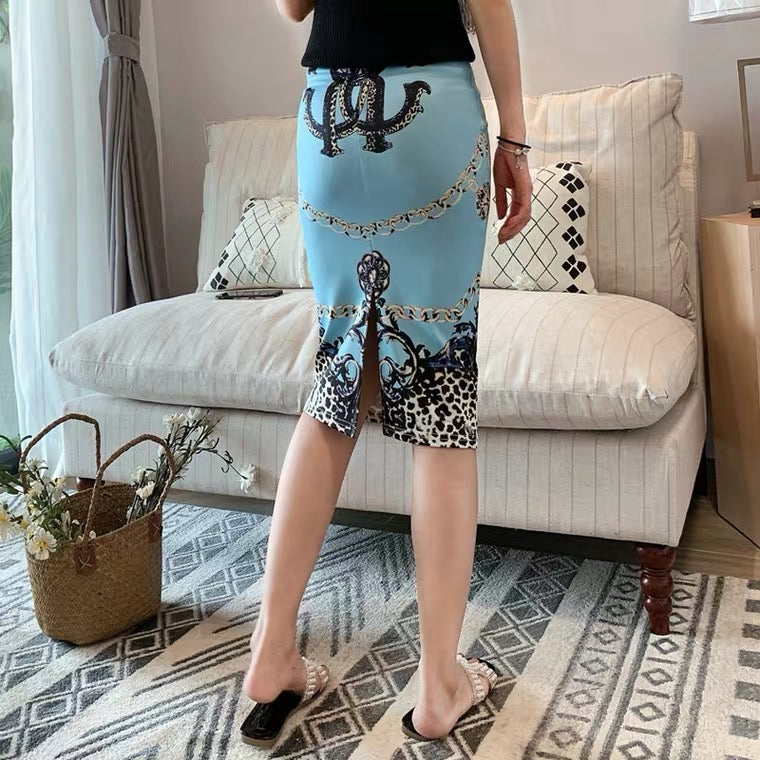 High-fanny hip skirt ,slimming stretch bodycon skirt, slit print skirt  3543