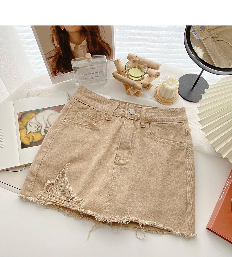 Denim bag hip short skirt personality hole high waist A-line skirt  5366