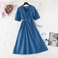 Lace up waist for thin temperament French retro bubble sleeve long skirt  4146