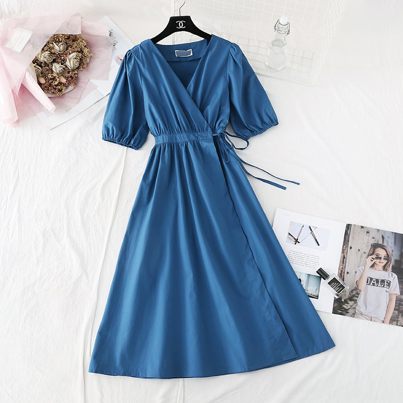 Lace up waist for thin temperament French retro bubble sleeve long skirt  4146