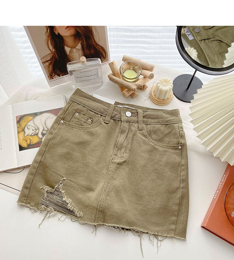 Denim bag hip short skirt personality hole high waist A-line skirt  5366