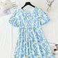 Bubble sleeve cotton linen dress gentle wind broken flowers  4248