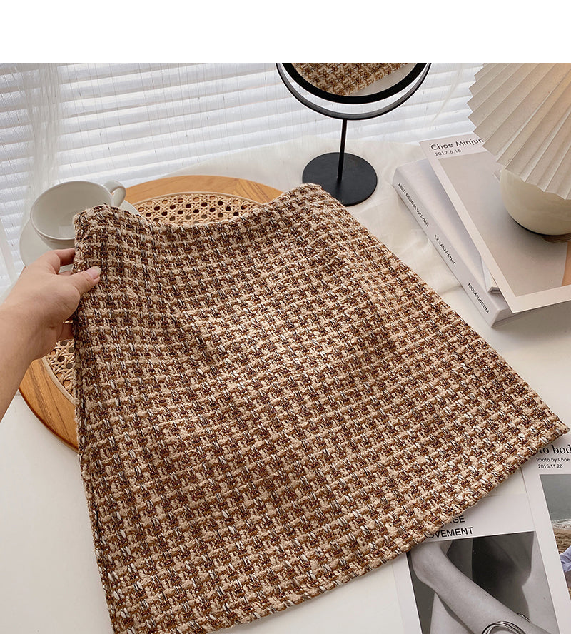 Vintage Plaid tweed skirt temperament high waist A-line skirt  5274