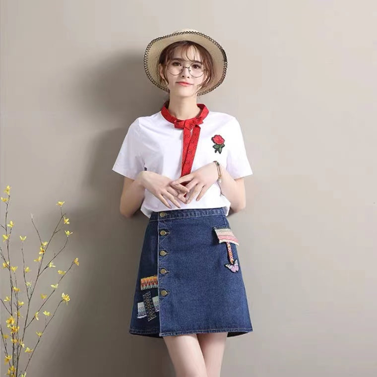 Denim-skirt A-line skirt, new style, high waist skirt, vintage embroidery skirt  3607