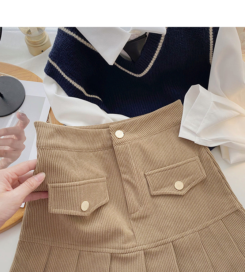Pleated Hip Wrap Skirt high waist corduroy A-line skirt  5282