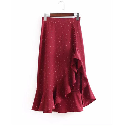 High waisted, looseflouncesprinted irregular MIDI skirt  3716