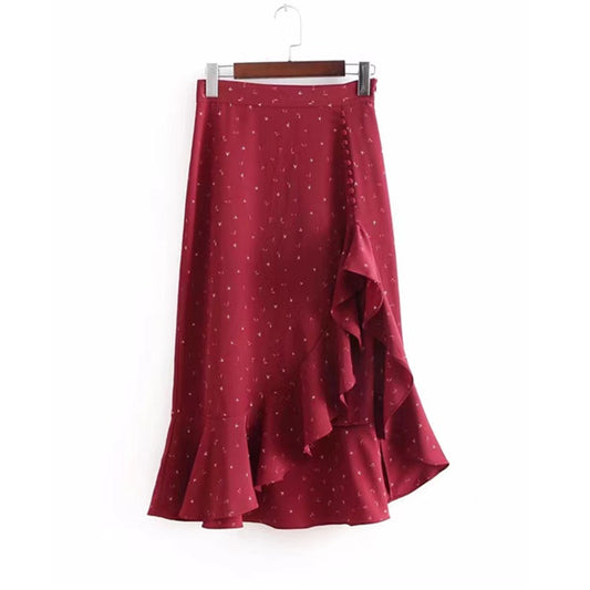 High waisted, looseflouncesprinted irregular MIDI skirt  3716