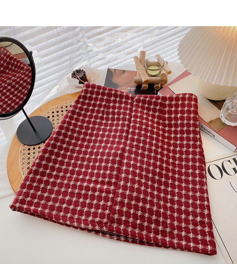 The new Korean version of foreign style retro personality lattice thin Hip Wrap Skirt  5316