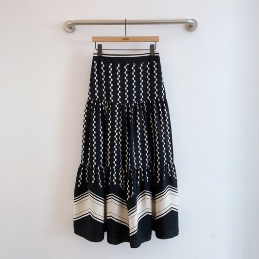 New skirt, stitching retro polka-dot print skirt, wavy pattern high waist long cake skirt  3678