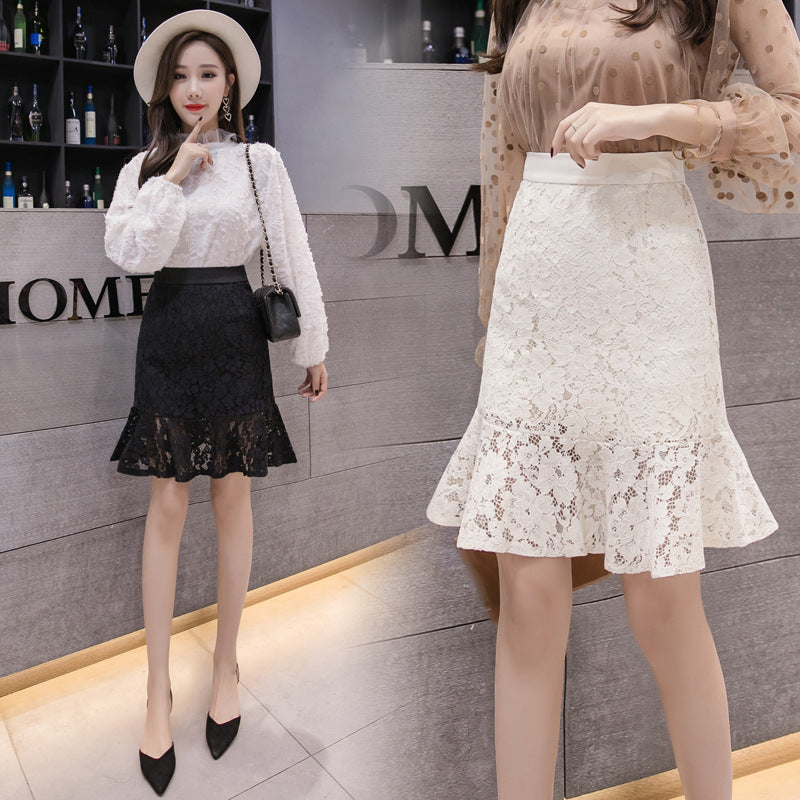 Lace buttocks skirt, spring/summer new style, large size, hollow, high waist, hook flower A-line bodycon/mermaid skirt  3669