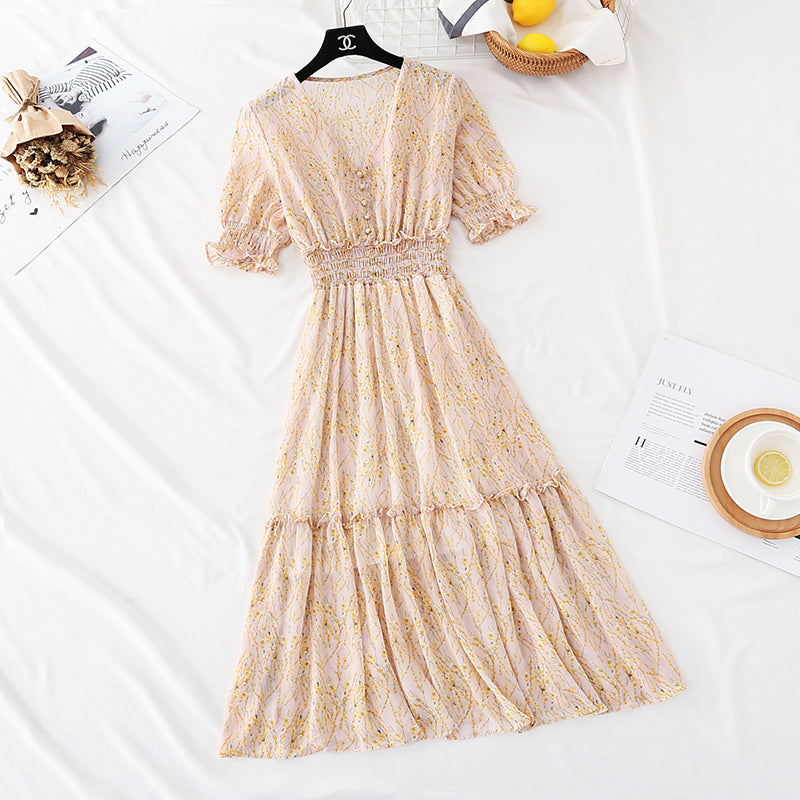 The new waist is slim, Bubble Sleeve Chiffon Skirt, French retro long skirt  4594