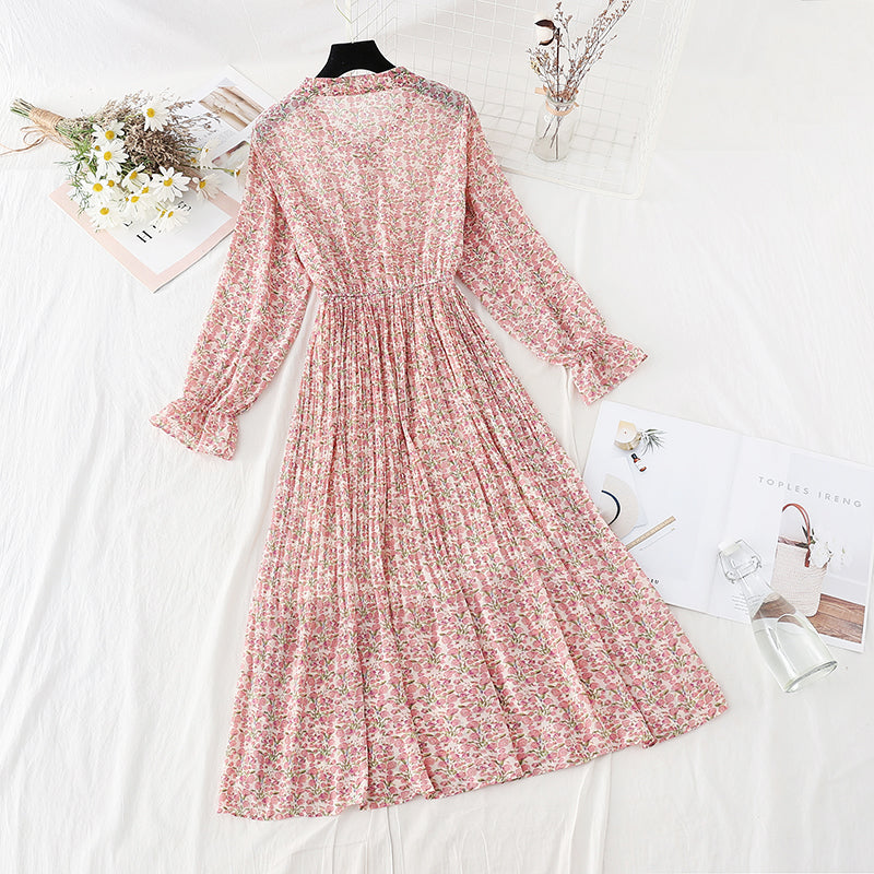 Chiffon bow pleated skirt elastic waist temperament thin age reducing Floral Dress  4087